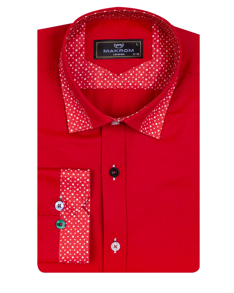 Red Plain Panel Shirt with Dot Print Collar & Cuffs Stitching Design-Makrom