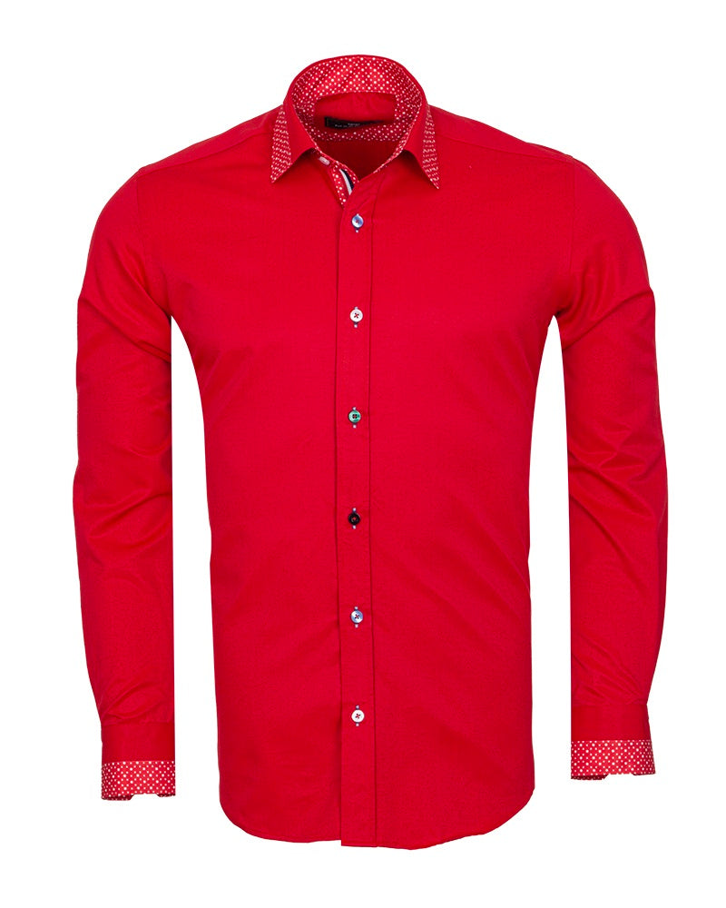 Red Plain Panel Shirt with Dot Print Collar & Cuffs Stitching Design-Makrom