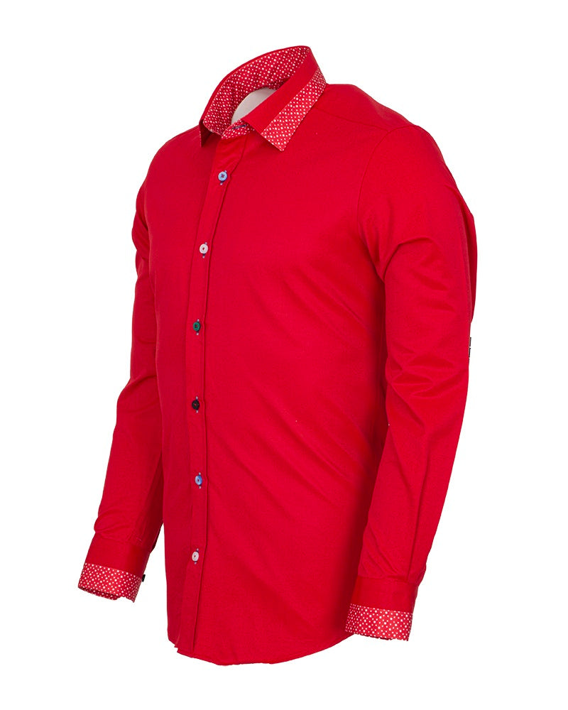 Red Plain Panel Shirt with Dot Print Collar & Cuffs Stitching Design-Makrom