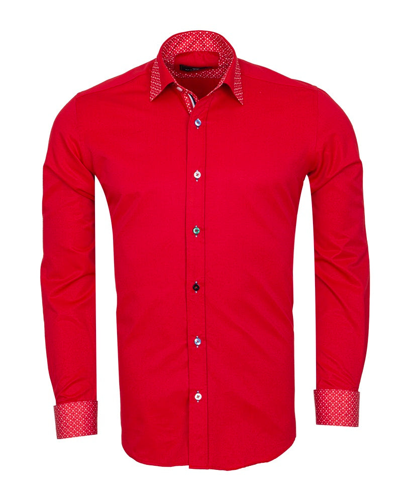 Red Plain Panel Shirt with Dot Print Collar & Cuffs Stitching Design-Makrom