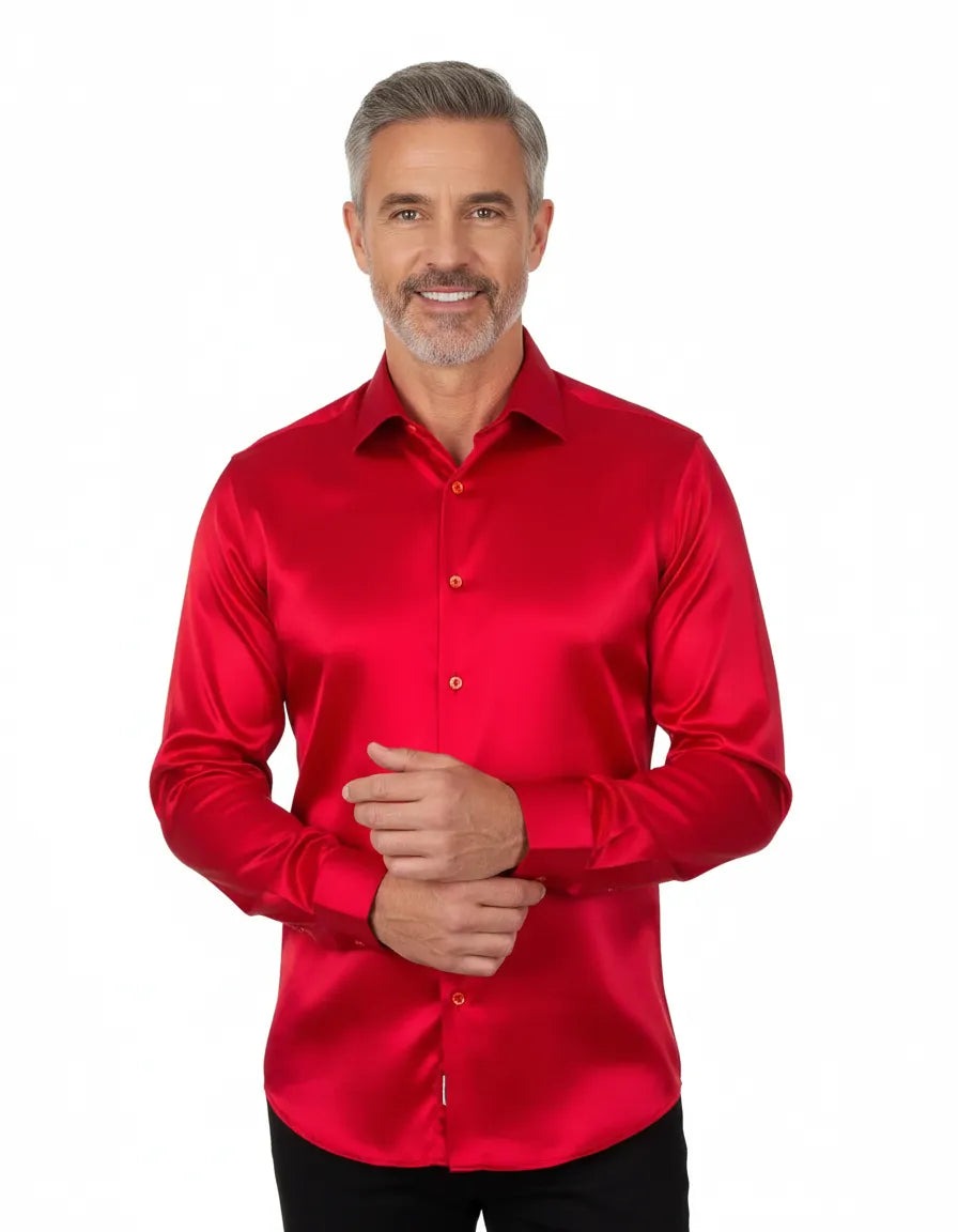 Red Satin Plain Satin Classic Men’s Shirt-Makrom
