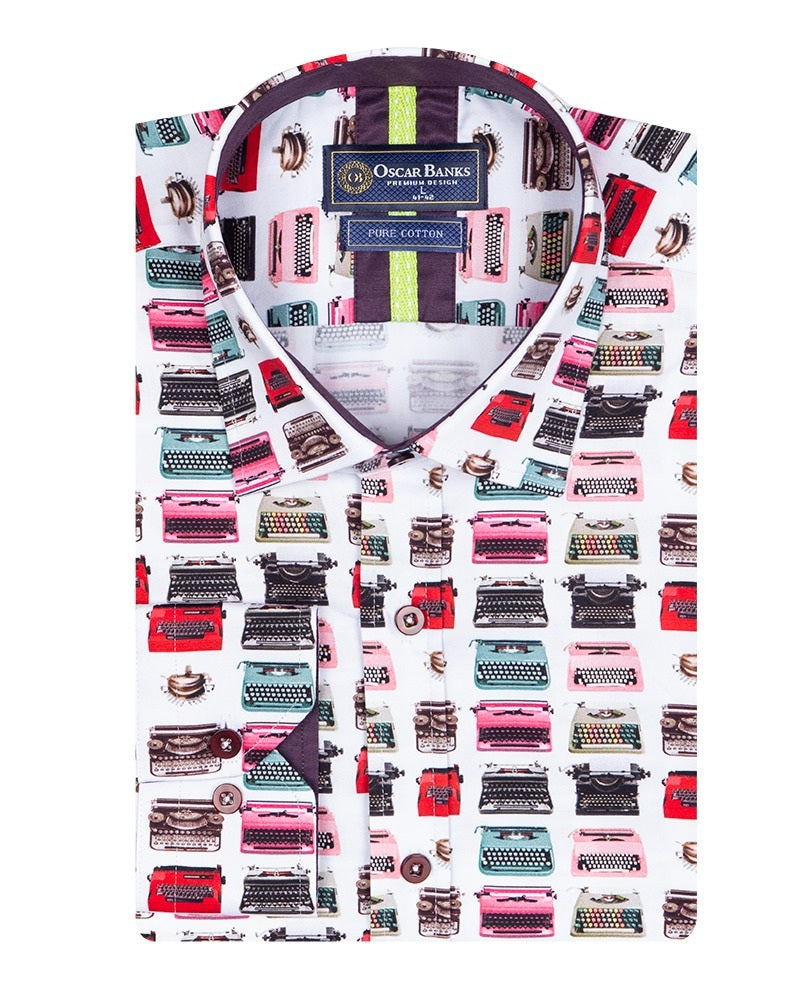 Retro Typewriter Shirt Satin Cotton Shirt with Matching Handkerchief-Makrom