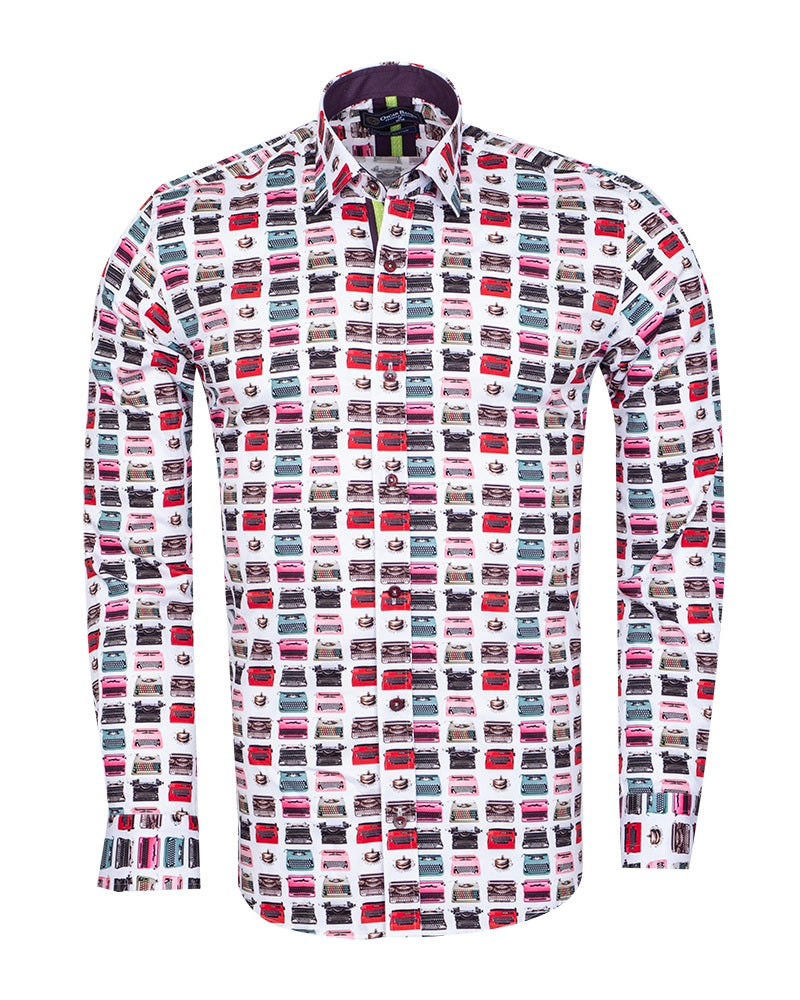 Retro Typewriter Shirt Satin Cotton Shirt with Matching Handkerchief-Makrom