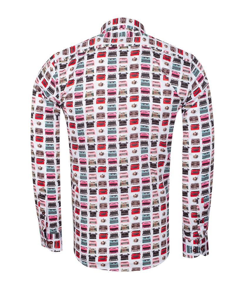 Retro Typewriter Shirt Satin Cotton Shirt with Matching Handkerchief-Makrom