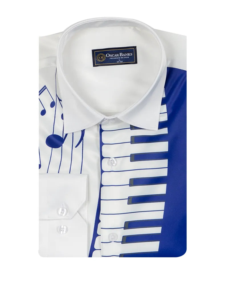 Royal Blue Musical Print Satin Men`s Shirt-Makrom