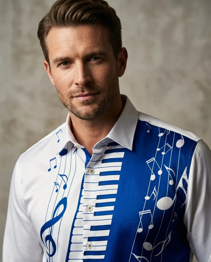 Royal Blue Musical Print Satin Men`s Shirt