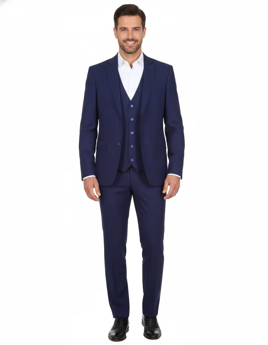 Royal Blue Wool Classic Plain 3 Piece Men's Suit-Makrom
