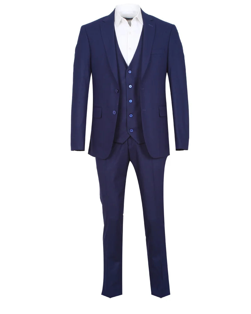 Royal Blue Wool Classic Plain 3 Piece Men's Suit-Makrom
