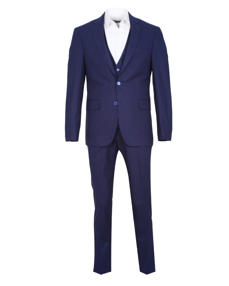 Royal Blue Wool Classic Plain 3 Piece Men's Suit-Makrom