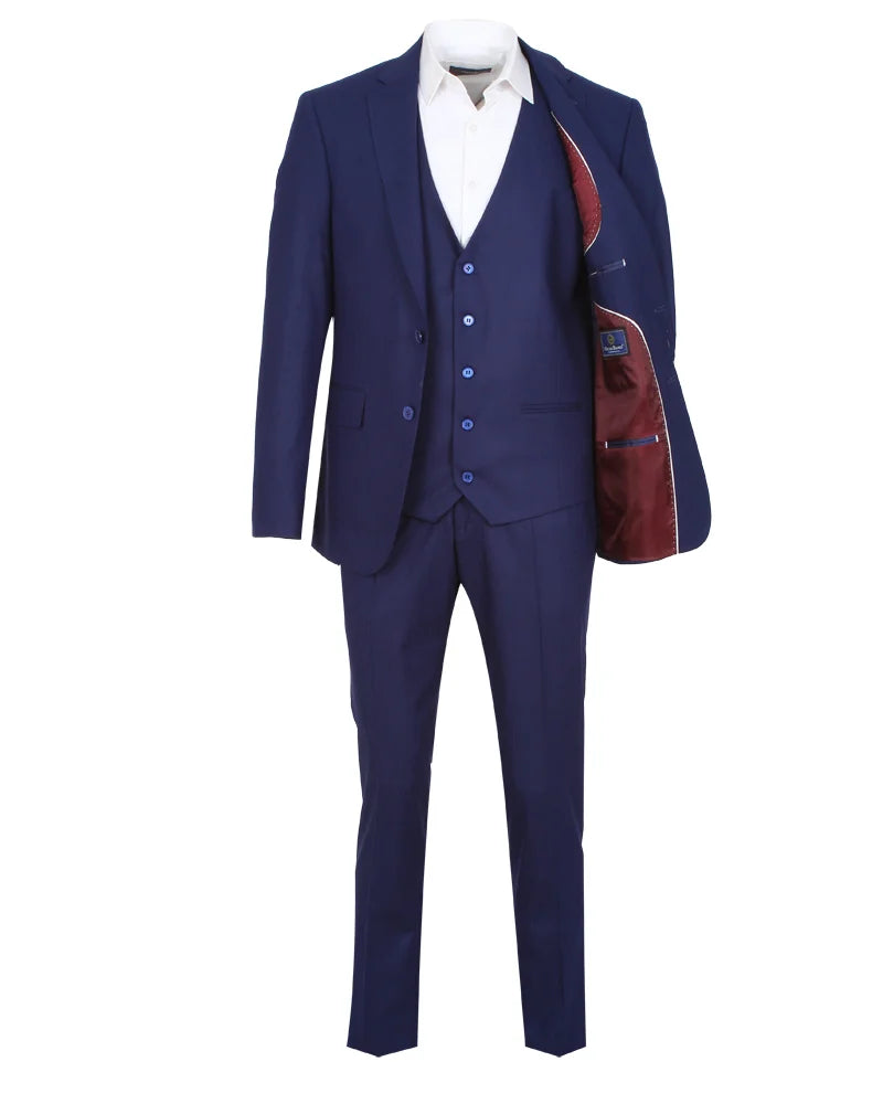Royal Blue Wool Classic Plain 3 Piece Men's Suit-Makrom