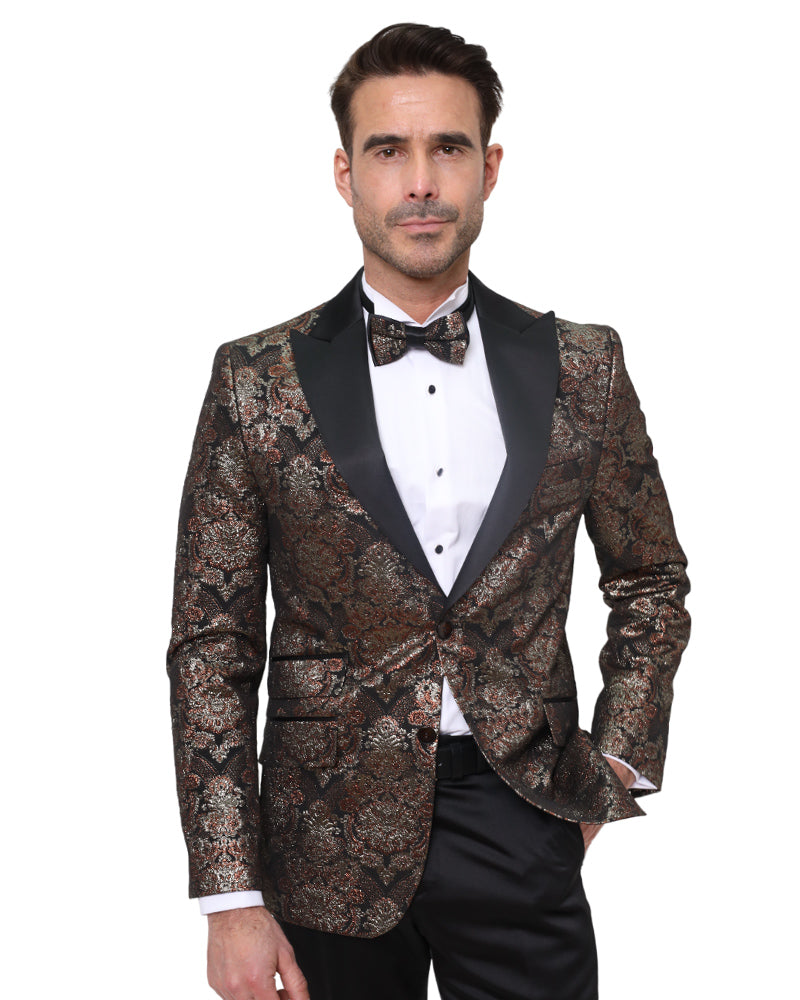 Rustic Gold & Black Paisley Design Blazer with Contrasting Lapel & Matching Bow Tie-Makrom