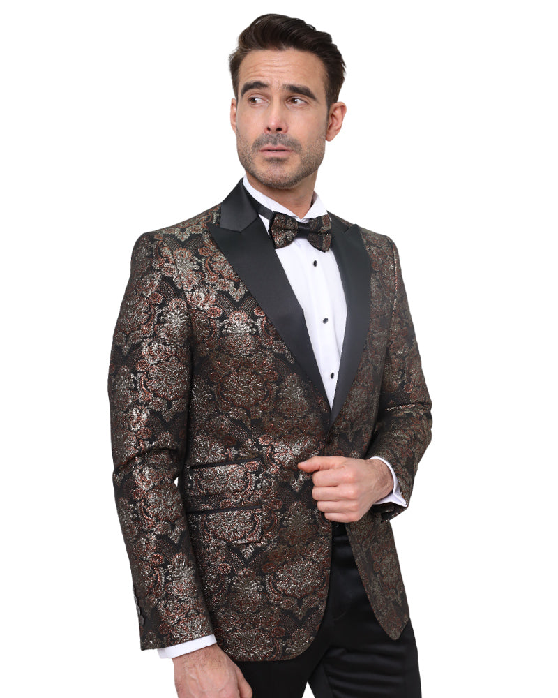 Rustic Gold & Black Paisley Design Blazer with Contrasting Lapel & Matching Bow Tie-Makrom