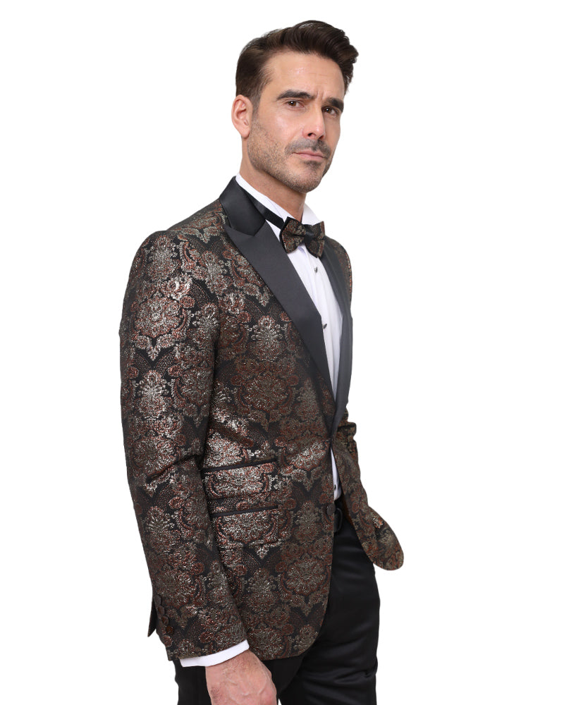 Rustic Gold & Black Paisley Design Blazer with Contrasting Lapel & Matching Bow Tie-Makrom