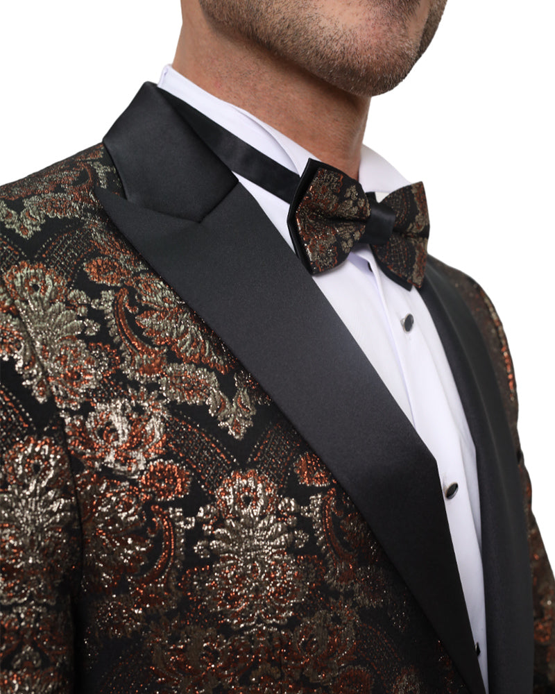 Rustic Gold & Black Paisley Design Blazer with Contrasting Lapel & Matching Bow Tie-Makrom