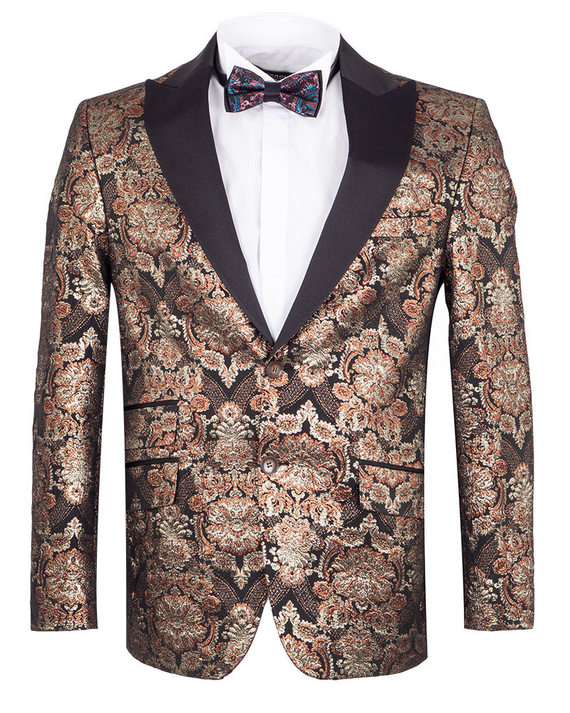 Rustic Gold & Black Paisley Design Blazer with Contrasting Lapel & Matching Bow Tie-Makrom