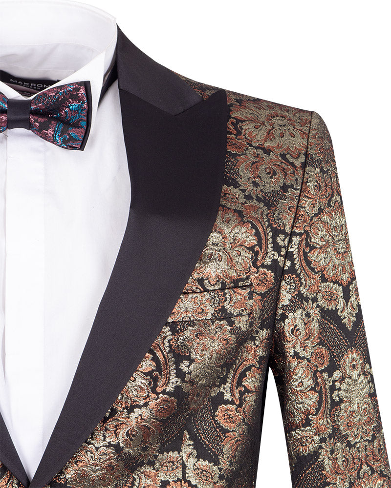 Rustic Gold & Black Paisley Design Blazer with Contrasting Lapel & Matching Bow Tie-Makrom