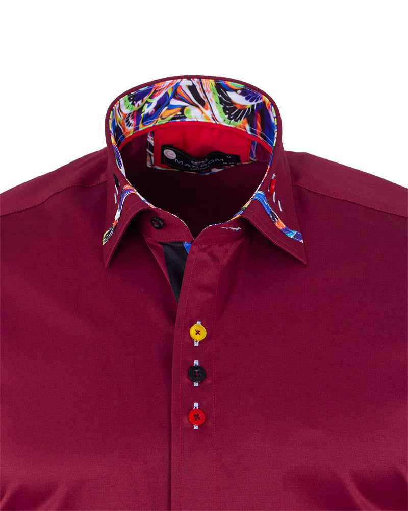 Burgundy Fashion Shirt with Colourful Collar Tip Design