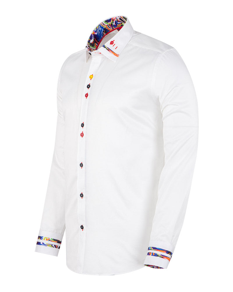 White Fashion Shirt with Colourful Collar Tip Design