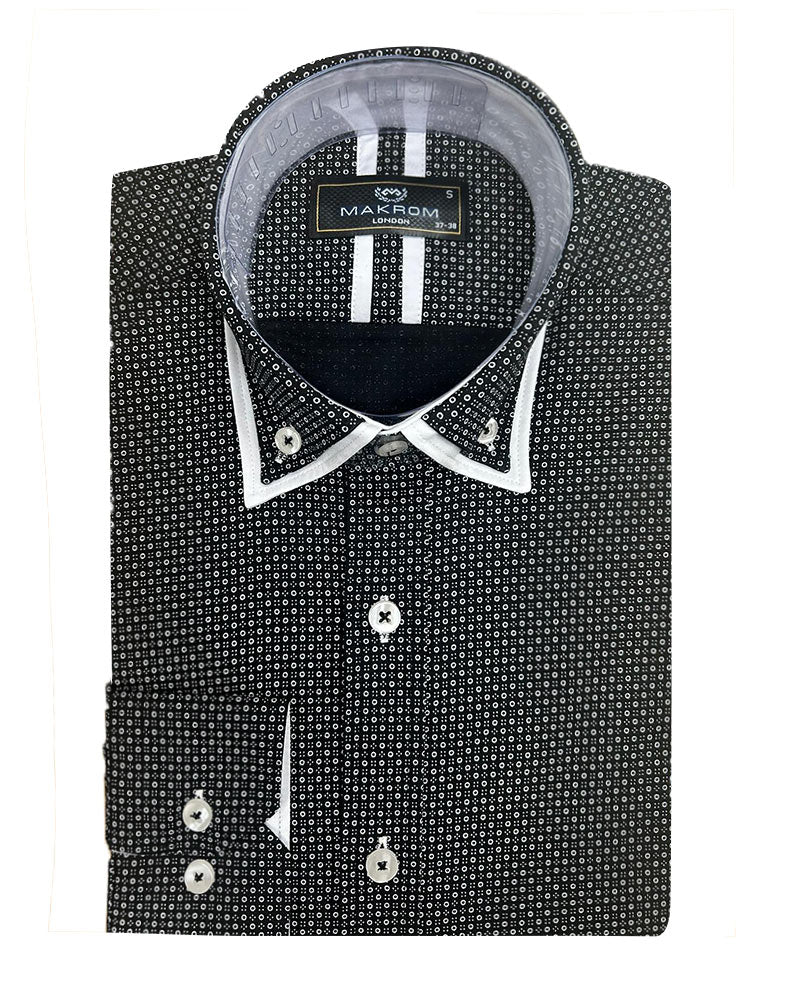 Black Double Collar Mini Polka Dot Men's Shirt