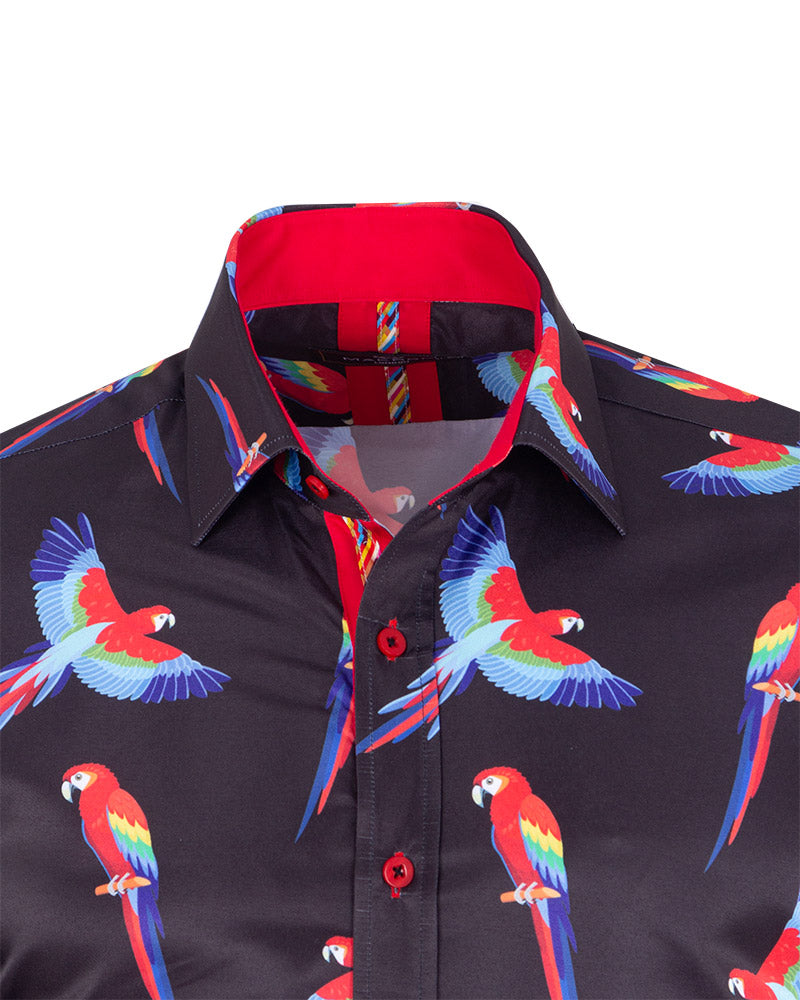 Black Shirt Flying Parrot Print