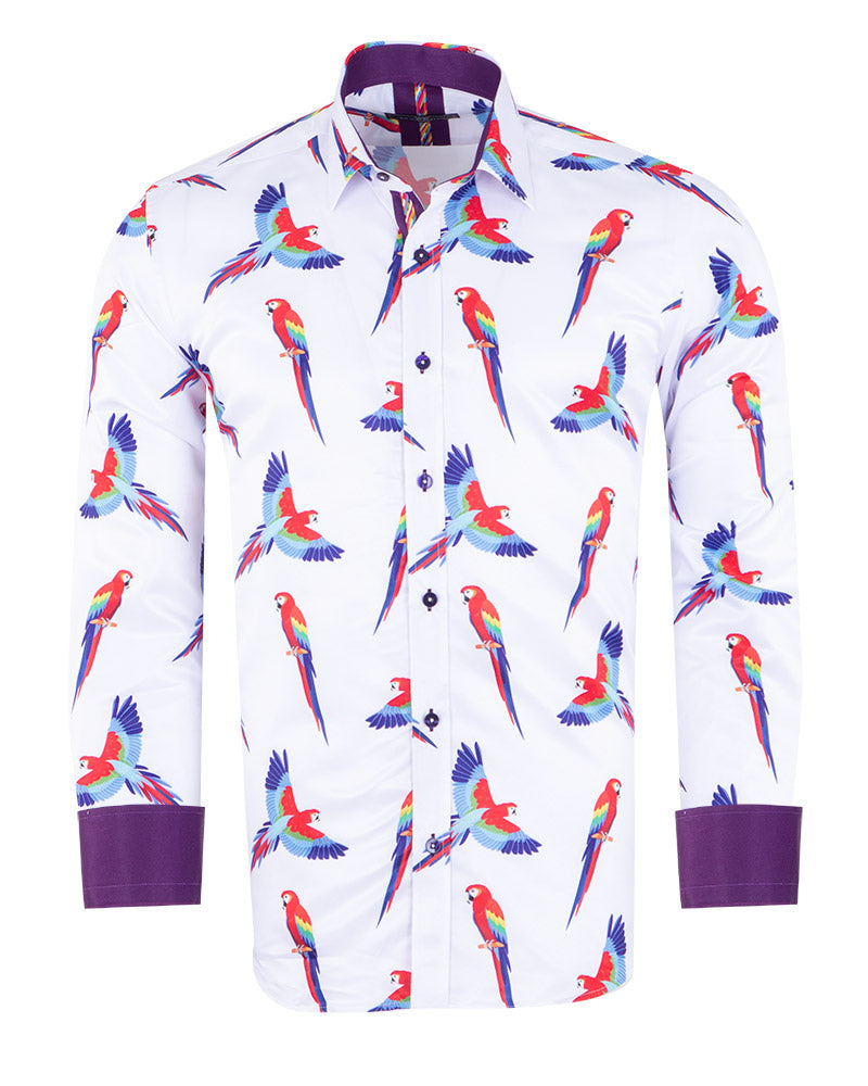 White Parrot Print Men's Shirt