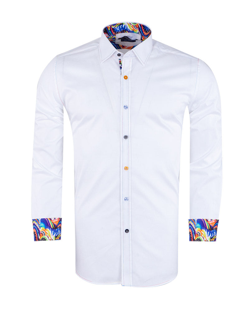 White Plain Panel Colourful Print Collar Tip Pure Cotton Shirt