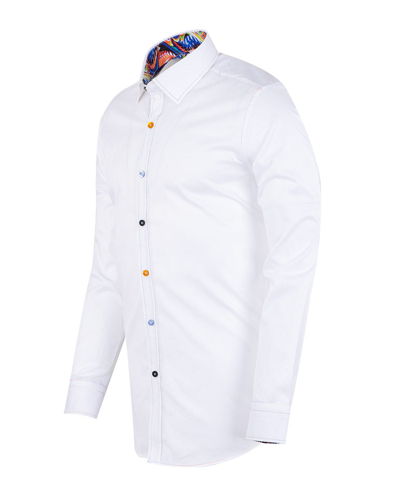White Plain Panel Colourful Print Collar Tip Pure Cotton Shirt