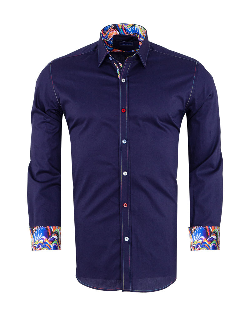 Dark Blue Plain Colourful Stitching & Button Pure Cotton Shirt