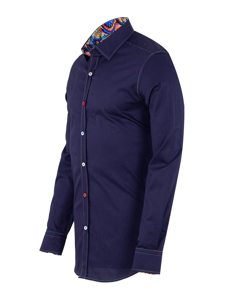 Dark Blue Plain Colourful Stitching & Button Pure Cotton Shirt