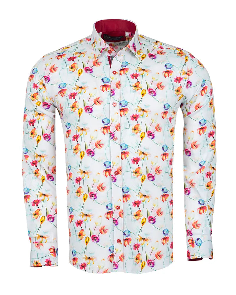 White Colourful Flower Print Shirt with Matching Handkerchief