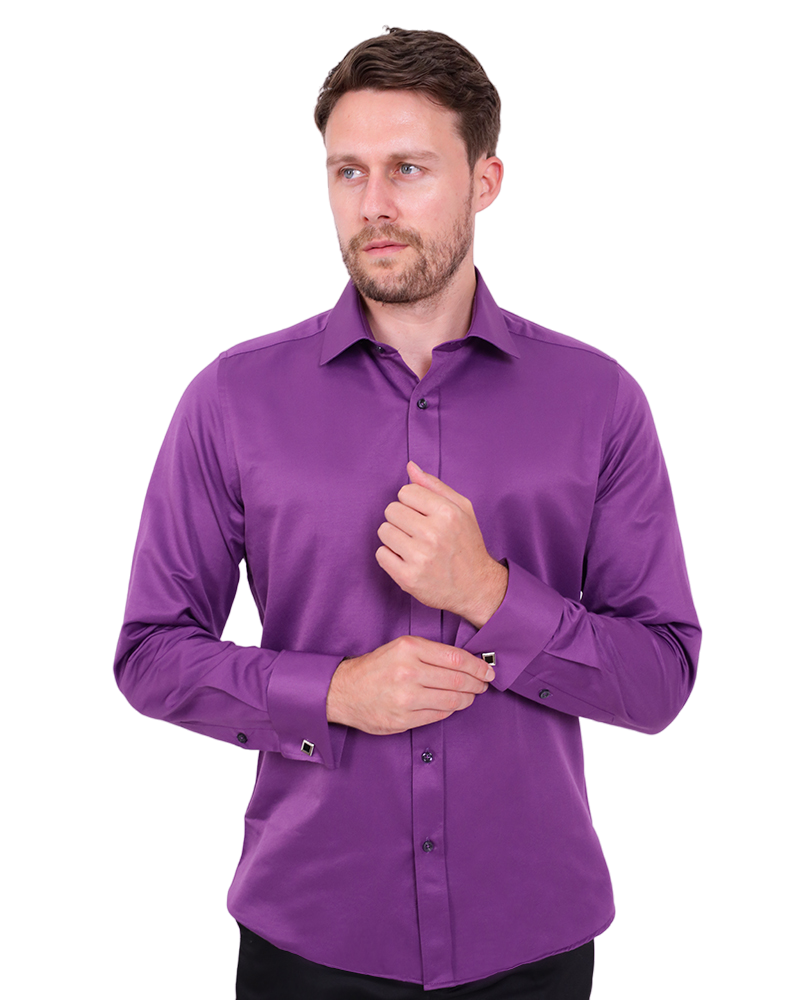Purple Men Shirts Classic Plain Double Cuff Shirt Makrom