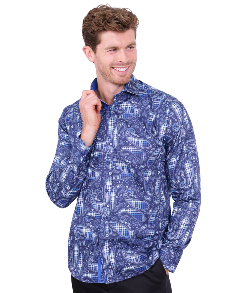 Dark Blue Tartan Paisley Cotton Shirts For Men