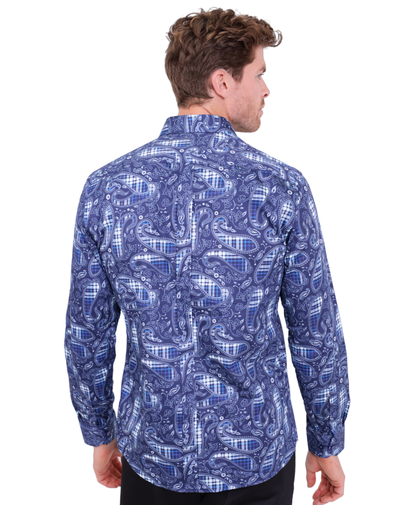 Dark Blue Tartan Paisley Cotton Shirts For Men