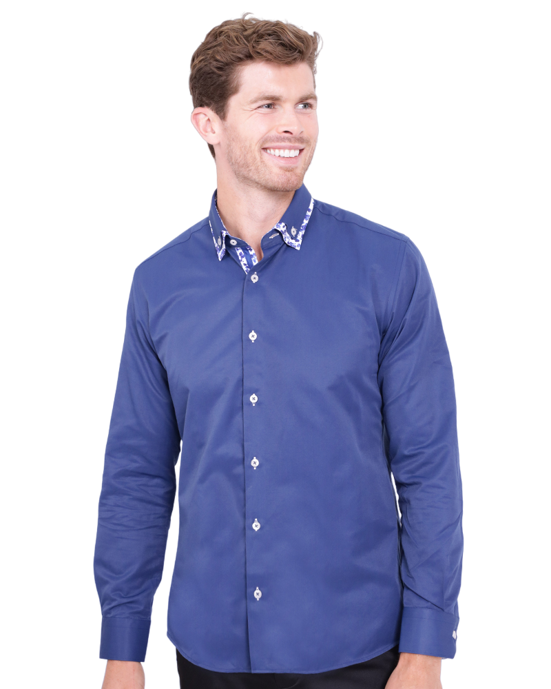 Dark Blue Floral Double Collar Men's Shirt