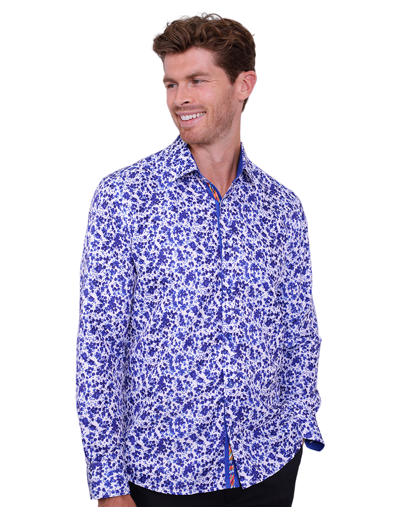 Dark Blue Floral Design Print Men's Shirt