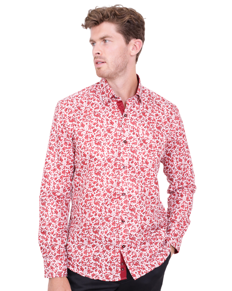 Red Floral Design Print Men's Shirt