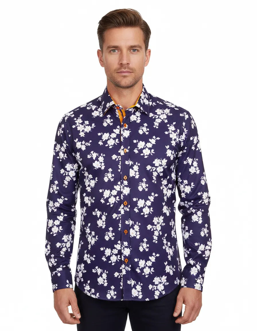 Dark Blue Floral Print Men's Shirt
