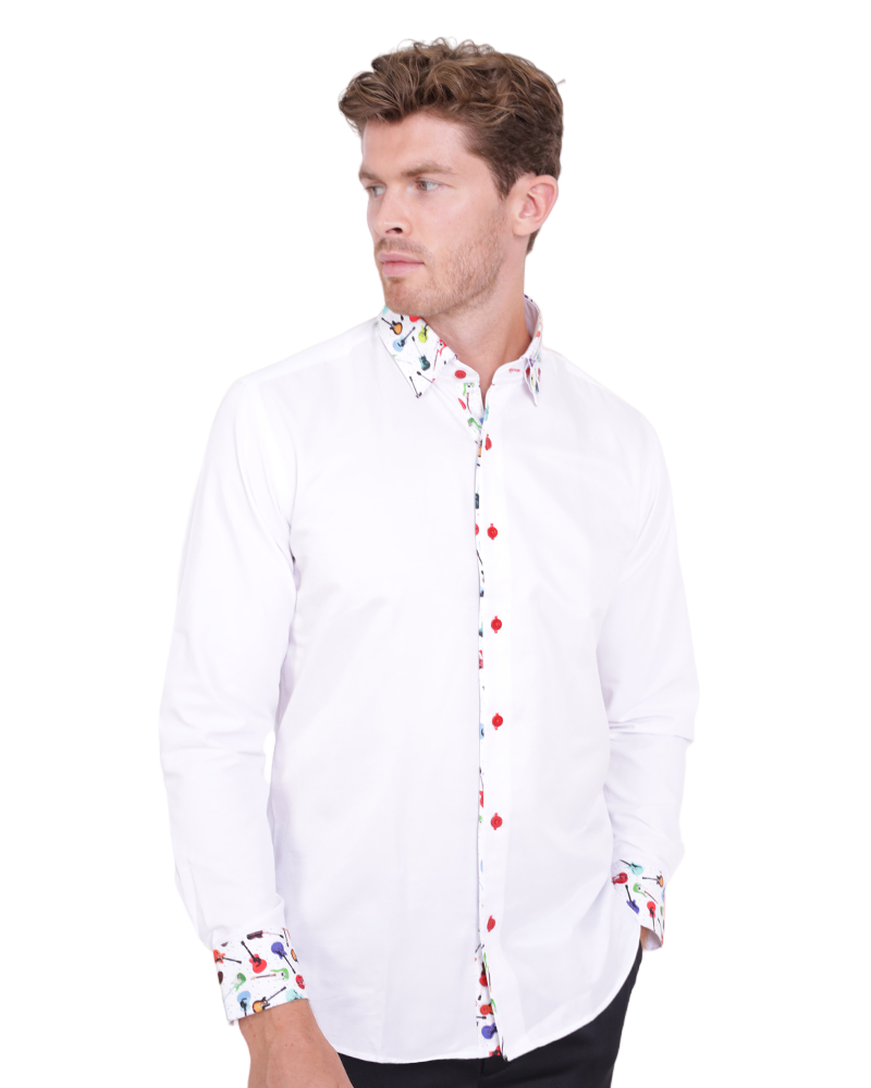 White Guitar Colourful Print on Collar & Cuff Men's Shirt