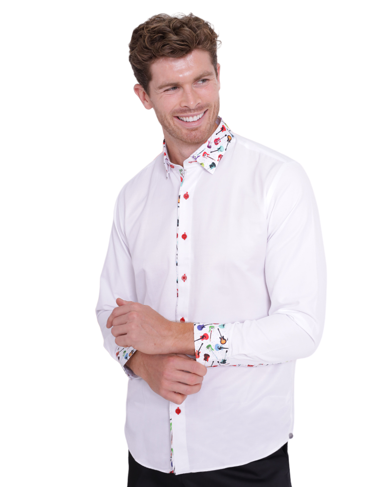 White Guitar Colourful Print on Collar & Cuff Men's Shirt