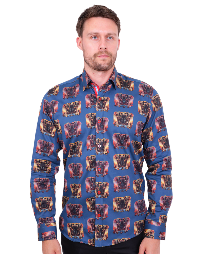 Blue Mammoth Print Shirt with Matching Handkerchief