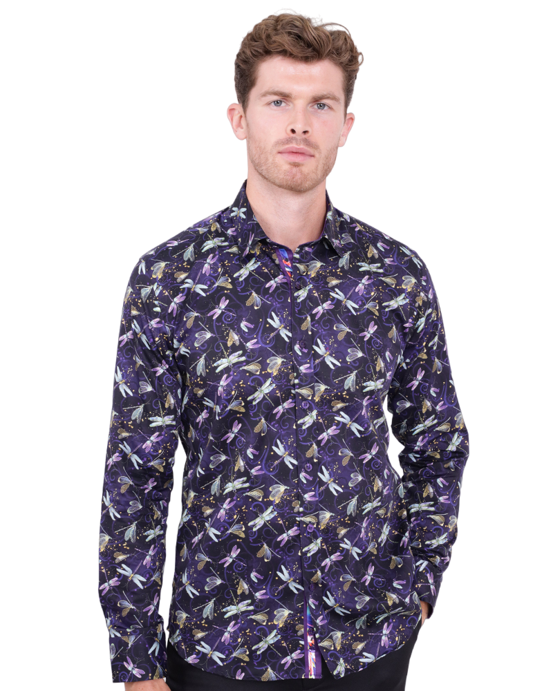 Purple Dragonfly Print Shirt with Matching Handkerchief