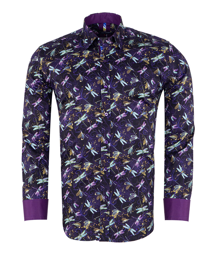 Purple Dragonfly Print Shirt with Matching Handkerchief