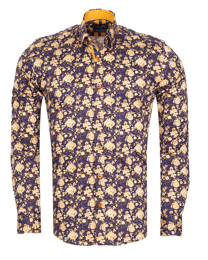 Gold Rose Print Shirt with Matching Handkerchief