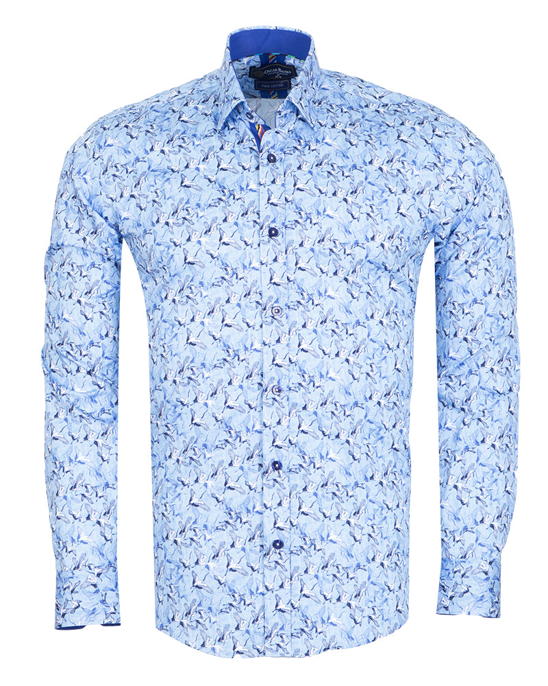 Blue Stork Print Shirt with Matching Handkerchief