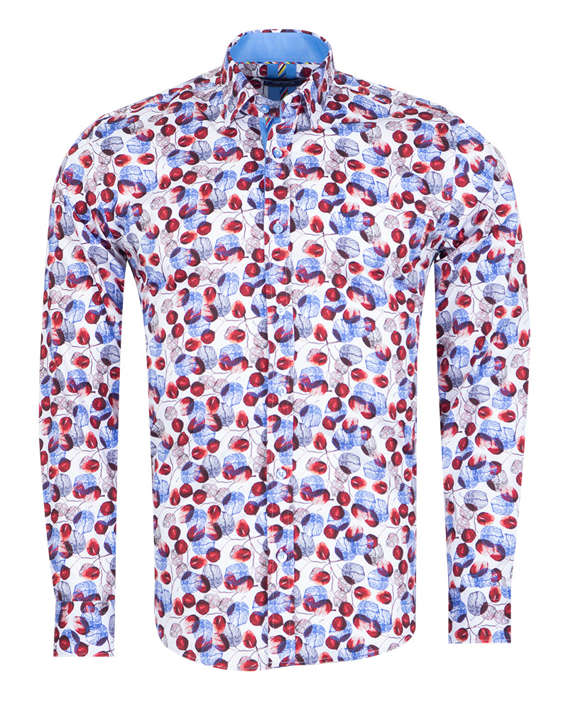 White Blue Leaf Print Shirt with Matching Handkerchief