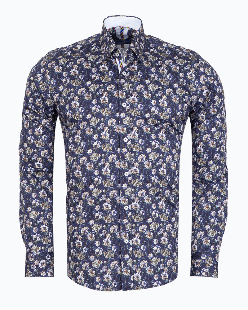 Dark Blue Rose Print Shirt with Matching Handkerchief