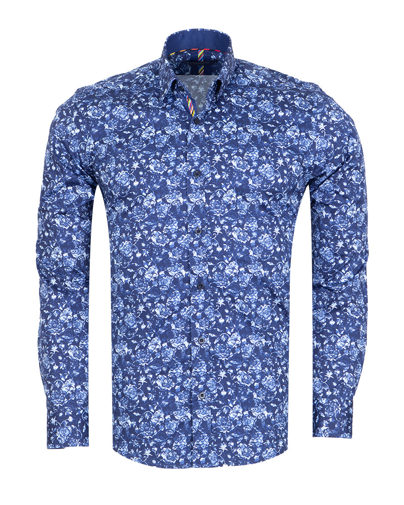Blue Flower Print Shirt with Matching Handkerchief