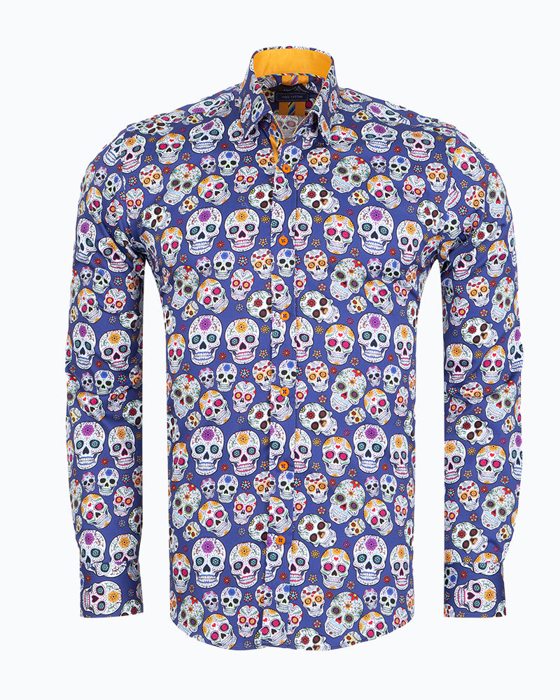 Dark Blue Skull Print Shirt with Matching Handkerchief