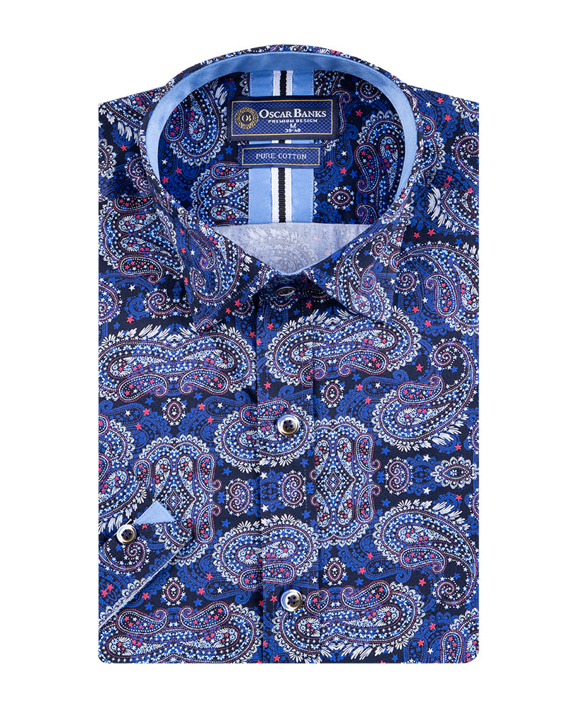 Dark Blue Paisley Print Satin Cotton Short Sleeve Shirt
