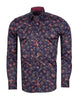 Dark Blue Leaf Print Men's Shirt with Matching Handkerchief